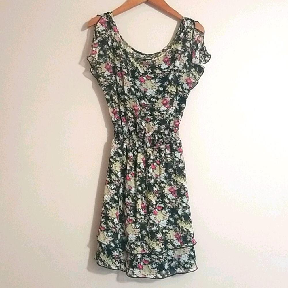 Express Floral Chiffon Flutter Sleeve Dress